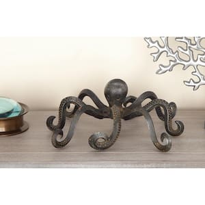 Black Metal Octopus Sculpture with Long Tentacles and Suctions Detailing