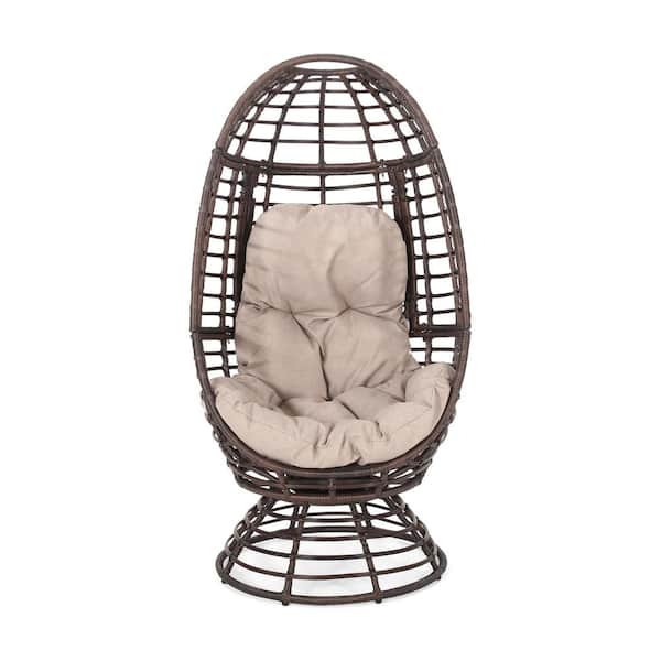 Huluwat Dark Brown Faux Rattan Indoor or Outdoor Swivel Egg Lounge Chair with Gray Cushions