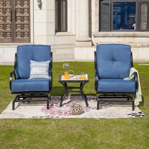 3-Piece Metal Patio Conversation Set with Blue Cushions