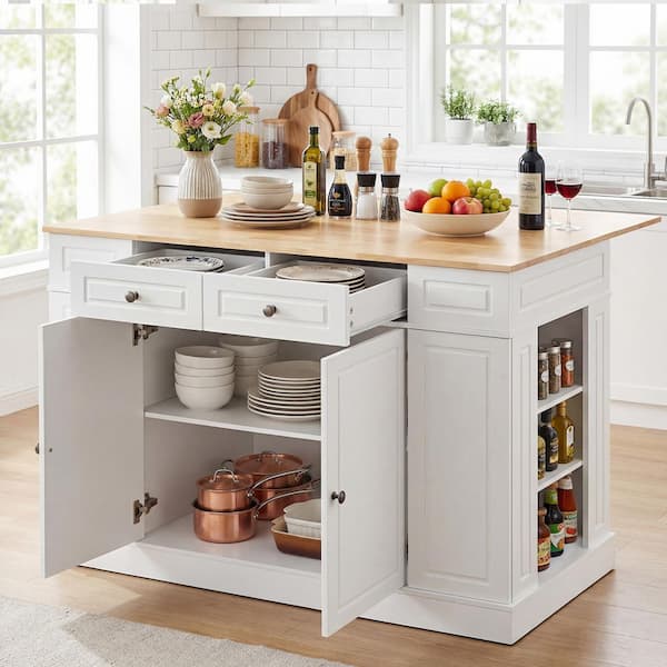 White Large Wood Top 47 in. Kitchen Island Drop Leaf Breakfast Bar w/ Shelves Drawers