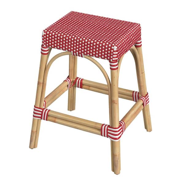 Butler Specialty Company Robias 24.5 in. Red and White Dot Backless Rectangular Rattan Counter Stool (Qty 1)