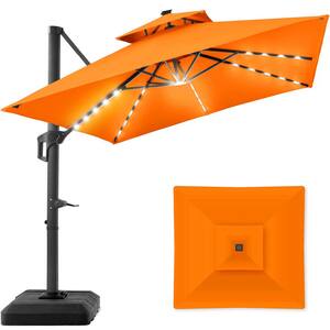 10 ft. Solar LED 2-Tier Square Cantilever Patio Umbrella with Base Included in Orange