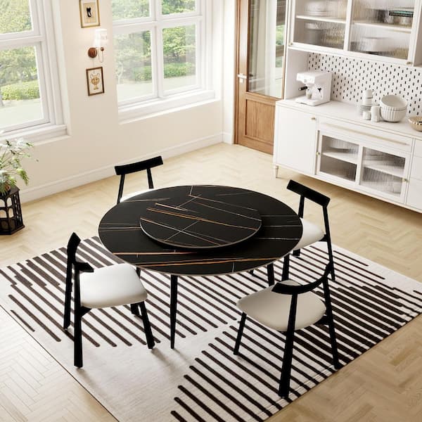 59.05 in. Modern Round Rotary Lazy Susan Table Sintered Stone Tabletop Dining Table with 4 Black Metal Legs (Seats 6)