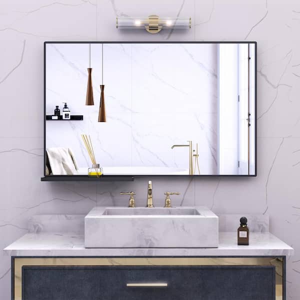 GOGEXX 40 in. W x 30 in. H Aluminum Framed Black Vanity Mirror Rectangular Wall Mirror Modern Bathroom Mirror Storage Shelf
