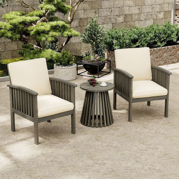 3-Pieces Gray Acacia Wood Outdoor Patio Conversation Set with Beige Cushion and Side Table