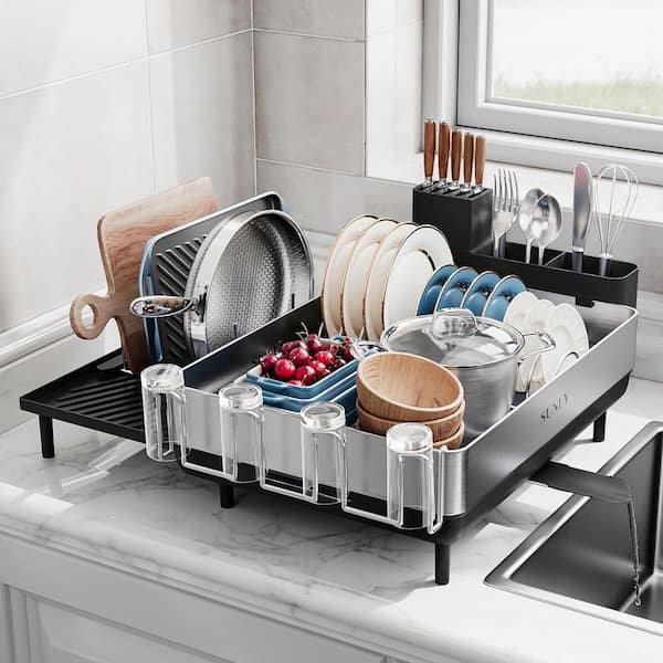 Expandable 304 Stainless Steel Large Dish Drying Rack, Extra Large Drainer with Multifunctional Flip Up Pegs