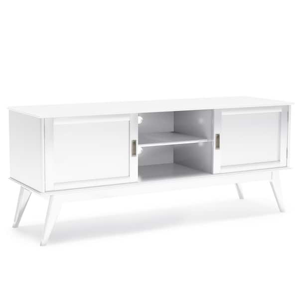 Simpli Home Draper Solid Hardwood 60 in. Wide Mid-Century Modern TV Media Stand in White for TVs up to 65 in.
