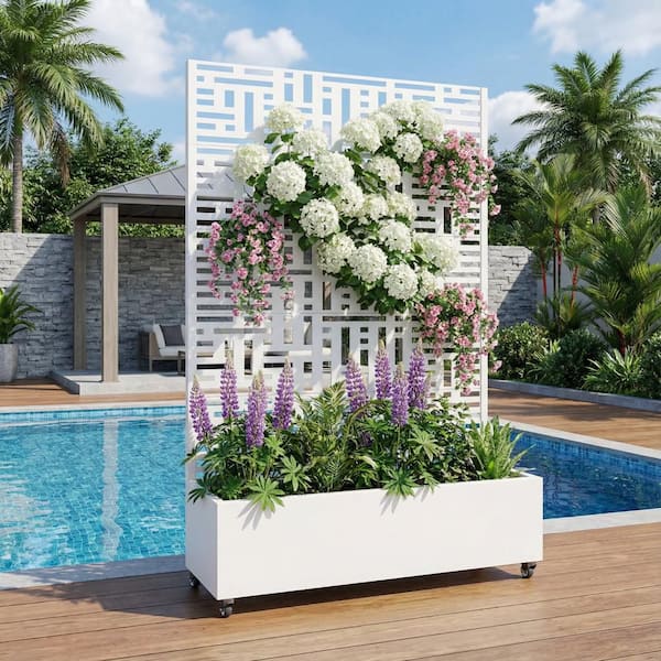 72 in. H x 47 in. W x 16 in. L Metal White Rectangle Pots and Planter Raised Box with Trellis for Vine Climbing Plants