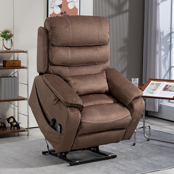 Dual Motor Oversized 180° Lay Flat Coffee Brown Chenille Power Lift Recliner Chair w/Retractable Tray, Wireless Charge