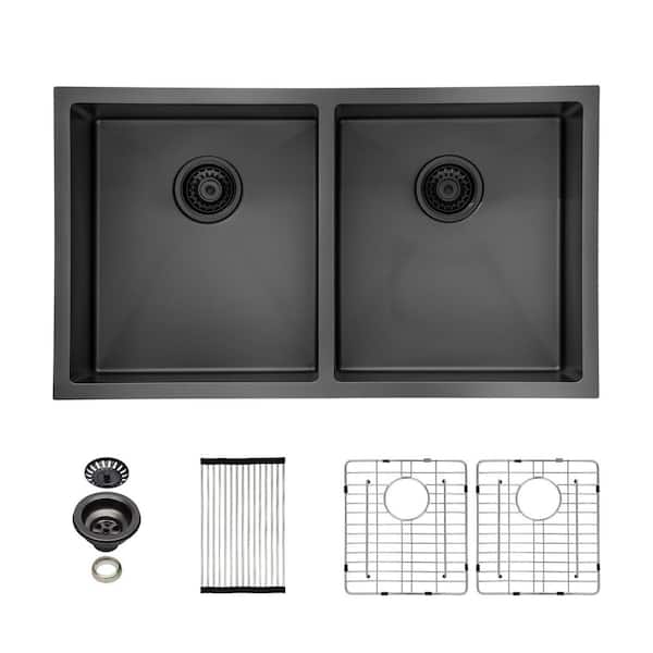 33 in. Undermount 50/50 Double Bowl 16 Gauge Gunmetal Black Stainless Steel Kitchen Sink with Accessories