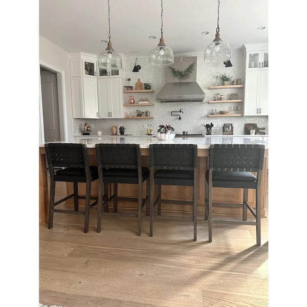 Cohen 24 in. Mid-Century Modern Wood Counter Height Bar Stool, with Woven Faux Leather Back for Kitchen, Black