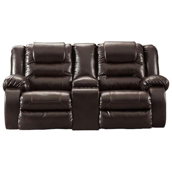 Benjara 80 in. Brown Solid Faux Leather 2-Seater Reclining Loveseat with Lift Top Storage Console