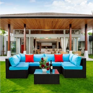 Black 5-Piece Wicker Outdoor Sectional Patio Conversation Set with 2-Pillow and Blue Cushions