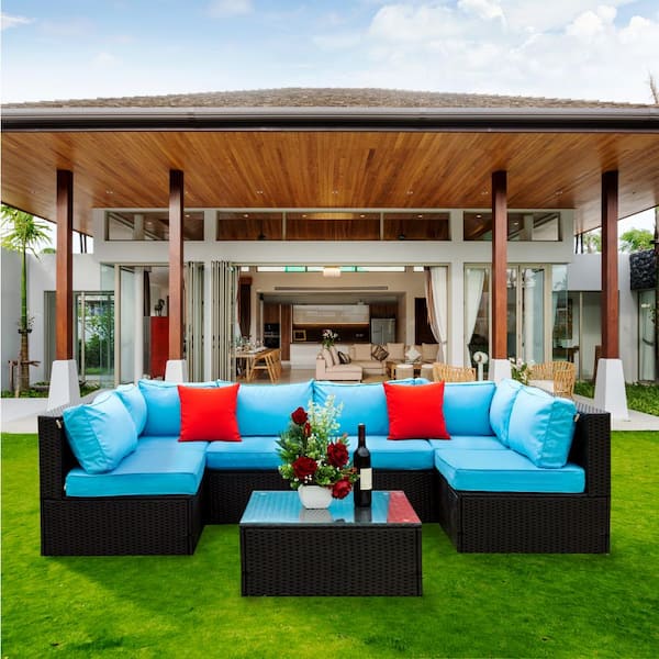 Sudzendf Black 5-Piece Wicker Outdoor Sectional Patio Conversation Set with 2-Pillow and Blue Cushions
