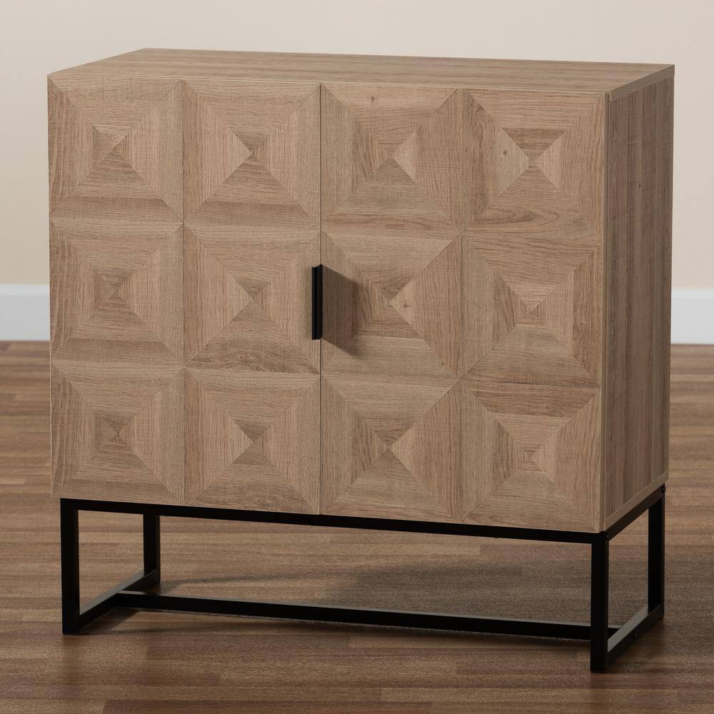Darien Natural Brown Wood and Black Metal Geometric Accent Cabinet