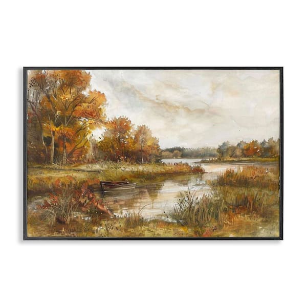 Stupell Industries Fall Scenic River Boat by LSR Design Studio Black Framed Nature Giclee Art Print 12 in. x 18 in.