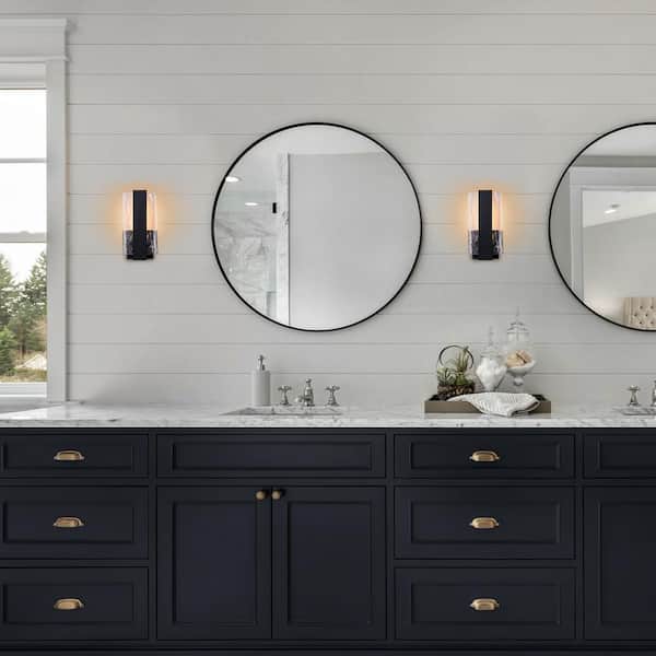 12 in. Black Dimmable LED Outdoor Hardwired Wall Lantern Sconce with Seeded Water Glass (2-Pack)