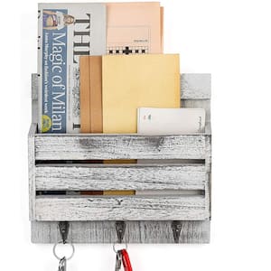Rustic White-Gray Mail and Key Holder for Wall with 3-Key Hooks Rustic Wall Mail Sorter with Shelf