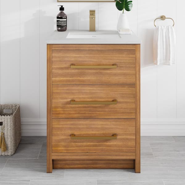 Curio 24 in. Single Sink Walnut Bath Vanity with White Carrara Quartz Top (Assembled)