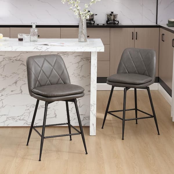 Hochwertiges 26 in. Grey Metal Frame Counter Height Bar Stool Swivel Counter Stool with Faux Leather Seat (Set of 2)