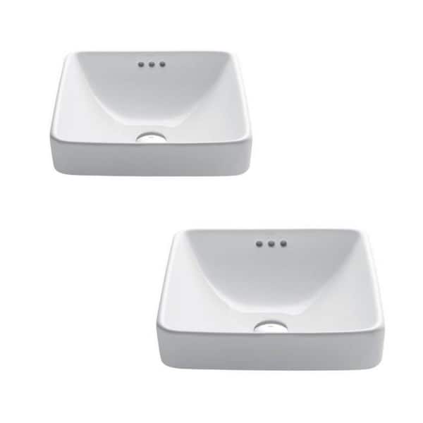 KRAUS Elavo Square Porcelain Ceramic Semi-Recessed Vessel White Bathroom Sink with Overflow, 16-1/2 in. (2-Pack)