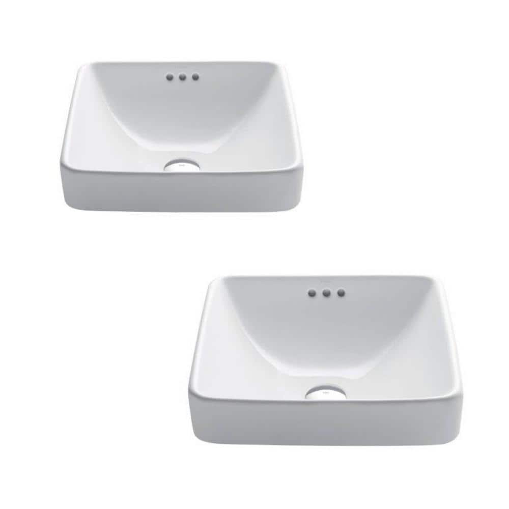 Elavo White Ceramic Square Semi-Recessed Vessel Sink, 16.25 inch