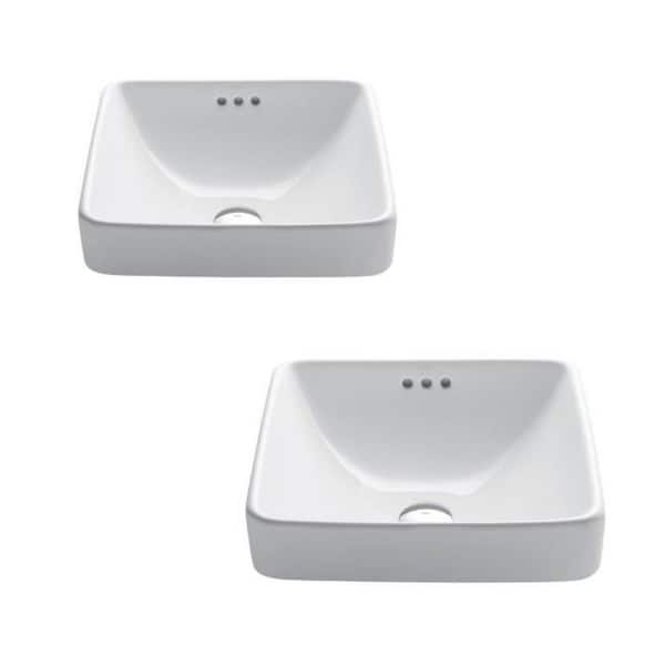 Elavo 16.3 in. Sqaure Semi-Recessed Vessel Bathroom Sink in White Porcelain with Overflow (2-pack)