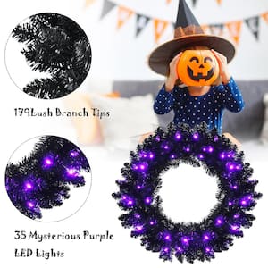 24 in. Pre-Lit Christmas Halloween Wreath Black with 35 Purple LED Lights