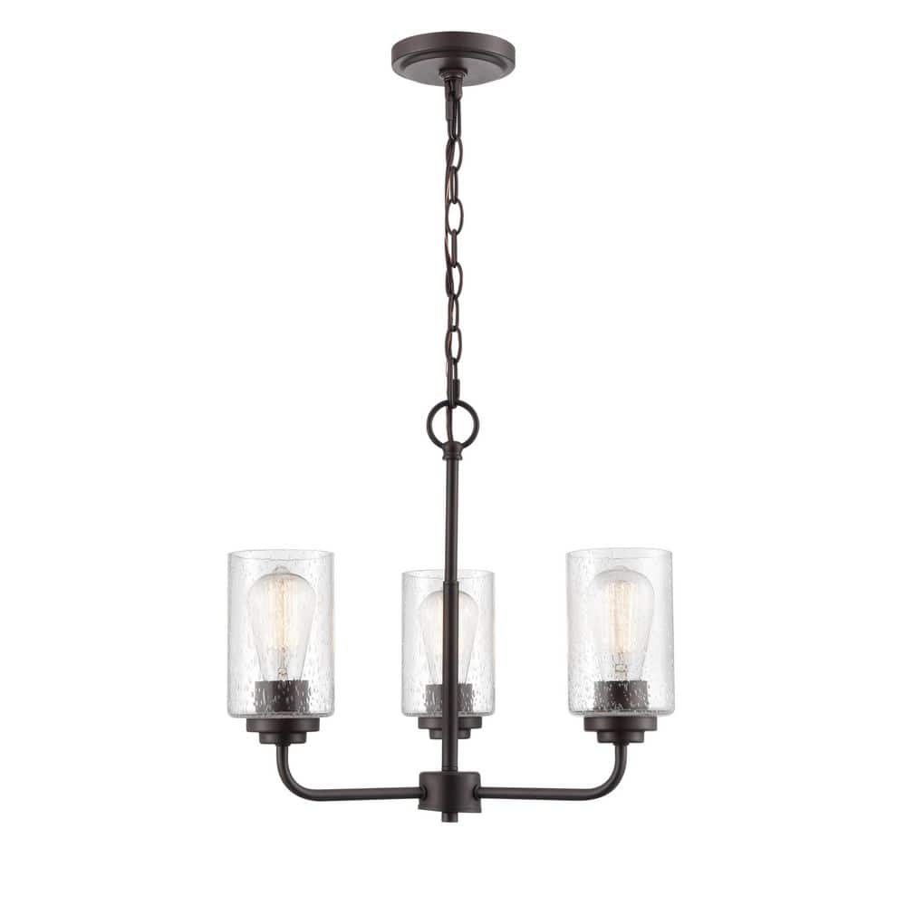 Elegant Rubbed Bronze 3-Light Chandelier with Seeded Glass