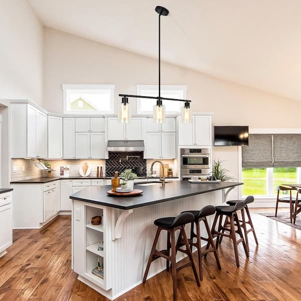3-Light Matte Black Industrial Linear Chandelier with Glass Shades for Kitchen Island with No Bulbs Included
