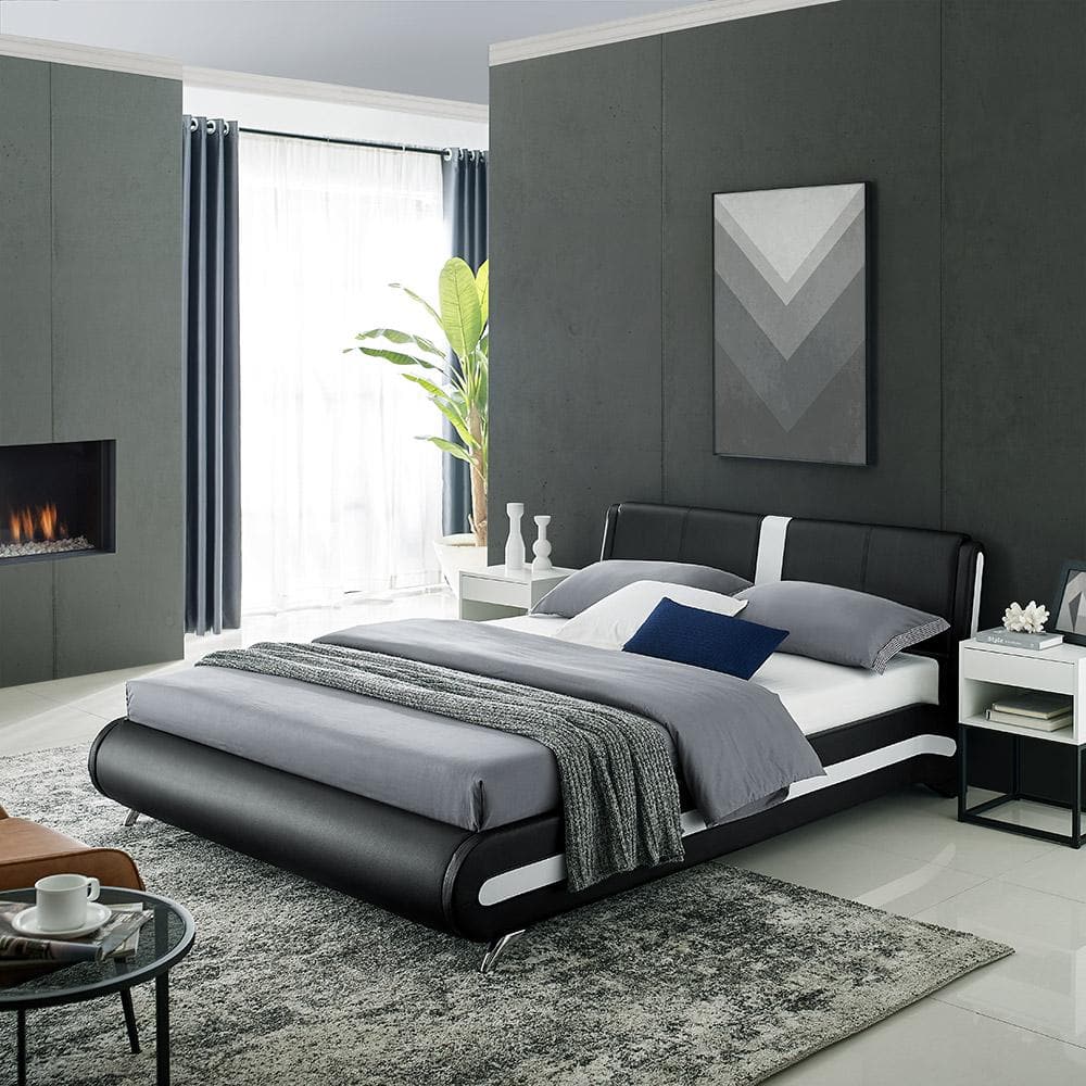 Black Faux Leather Queen Platform Bed with Tufted Headboard