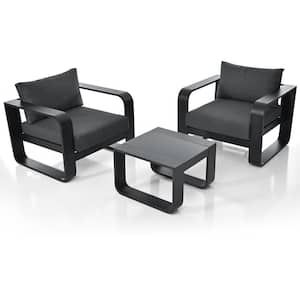 Black Aluminum Frame 3-piece Metal Patio Conversation Set with Coffee Table and Gray Cushions