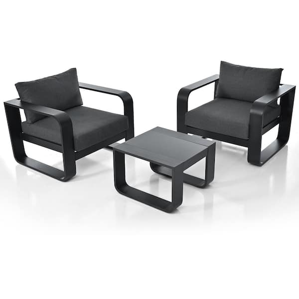 Polibi Black Aluminum Frame 3-piece Metal Patio Conversation Set with Coffee Table and Gray Cushions