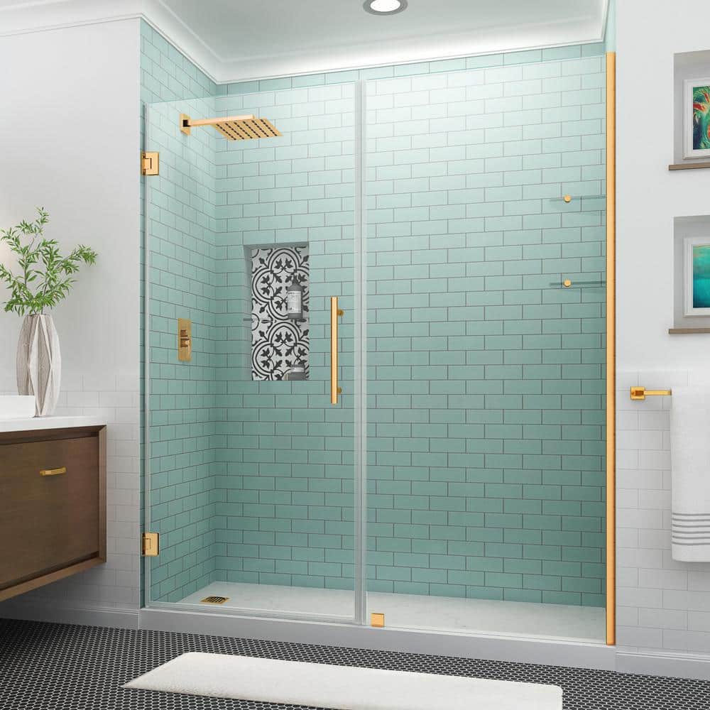 BelmoreGS 69.25 in. to 70.25 in. W x 72 in. H Frameless Hinged Shower Door with Glass Shelves in Brushed Gold price history on PriceWatchPro