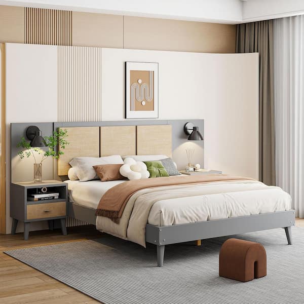 Harper & Bright Designs Gray Solid Wood Frame Queen Size Platform Bed with 2 Nightstands, Lamps, Rattan and Wood Combination