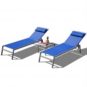 3 Pieces Blue Metal Outdoor Chaise Lounge, Aluminum Adjustable Pool Lounge Chairs Recliner with Headrest