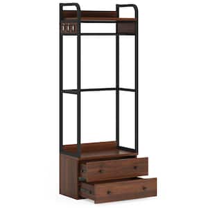 Carmalita Brown Hall Trees Small Clothes Rack Coat Rack with 2-Drawer and Shelves 27 in. L x 15 in. W x 74 in. H