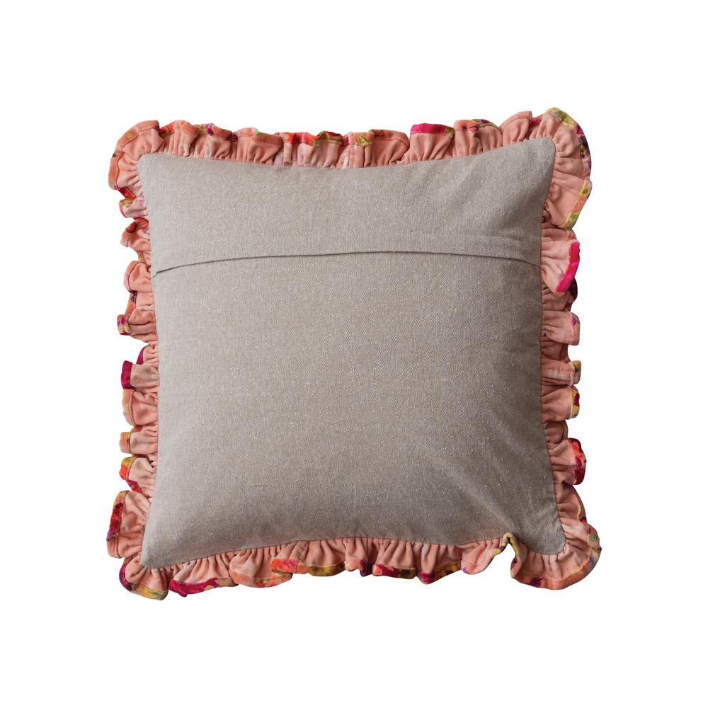 Multicolor Floral Velvet Square Pillow with Ruffle Trim