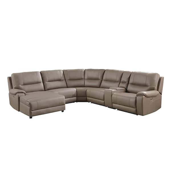 Lazzara Boise 128 in. Straight Arm 6-piece Microfiber Modular Power Reclining Sectional Sofa in Taupe with Left Chaise