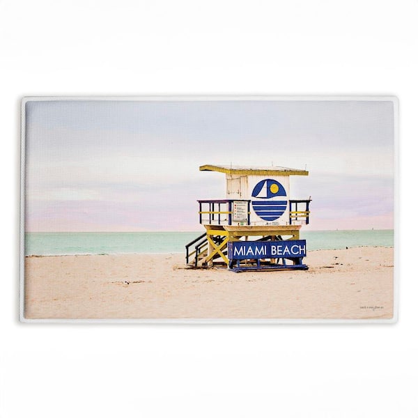 Miami Beach Lifeguard Hut 18 in. x 30 in. Blue Graphic Polyester Blend Rectangle Bath Mat