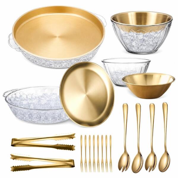 4-Set Gold Chilled Serving Tray and Dip Bowl with Ice Holder Salad Spoons Forks Tongs for Party Appetizer
