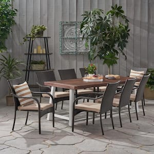 Fowler 30 in. Dark Brown 9-Piece Metal Rectangular Patio Outdoor Dining Set with Beige Cushions