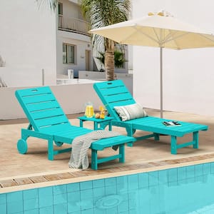 Heli Recycled Aruba Blue Patio Lounge Chair Plastic Stackable Outdoor Chaise Lounge Chair With Table Set of 3