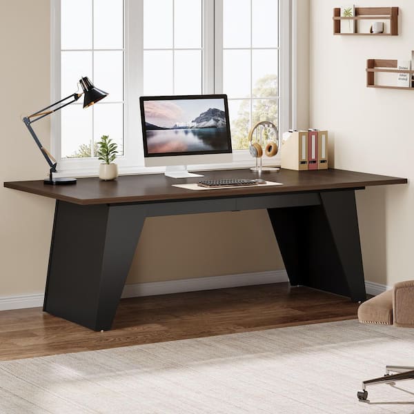 TRIBESIGNS WAY TO ORIGIN Halseey 70.87 in Long Double Rectangular Brown Black Wood Computer Desk Home office School Writing Study 2-Person Table
