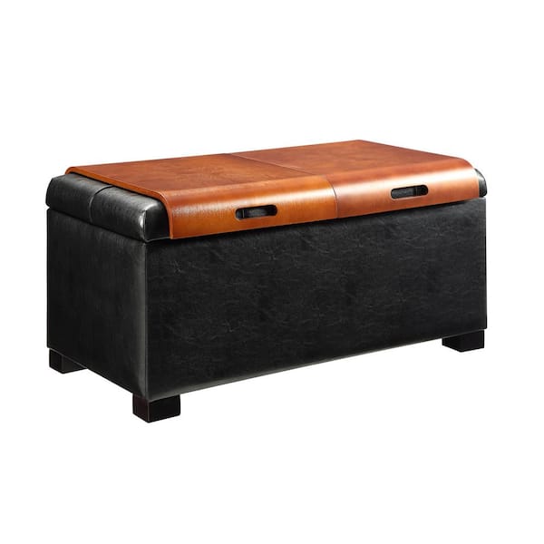 Convenience Concepts Designs4Comfort Black Faux Leather Storage Ottoman with Bentwood Trays