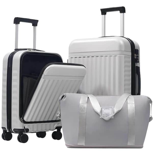 3-Piece Grey/White Hardside Spinner Luggage Set with USB Port, TSA Lock and Handle Bag