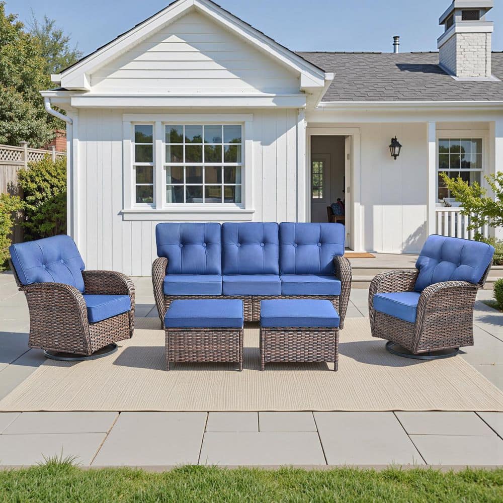 T-Frame 5-Piece Brown Wicker Patio Conversation Set with 5 in. Blue Cushions Patio Swivel Chair for poolside, balcony price history on PriceWatchPro
