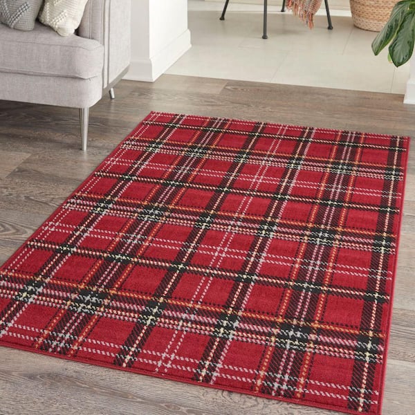 Grafix Red 3 ft. x 5 ft. Geometric Plaid Modern Kitchen Area Rug