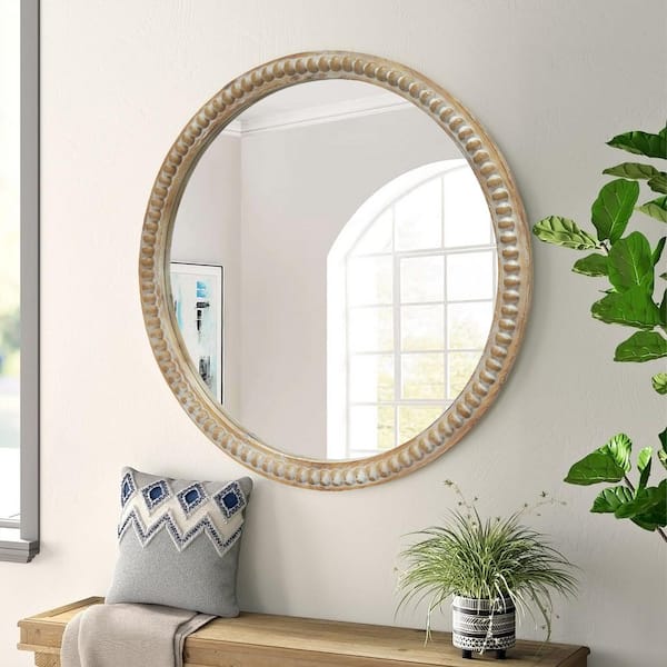 Round 31.5 in W x 31.5 in H Distressed Wood Beaded Frame Wall Mirror, Farmhouse Vintage Accent Mirror