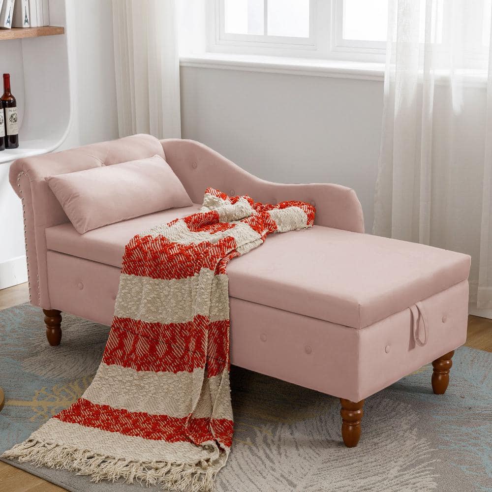 Uixe Modern Pink Velvet Upholstered Buttons Tufted Storage Chaise